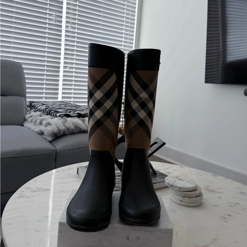 Burberry Black and Haymarket Plaid Tall Rain Boots